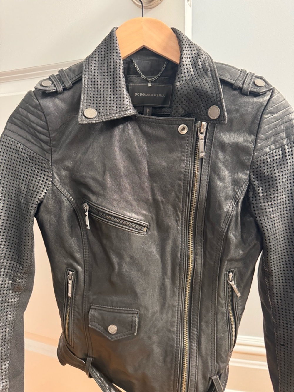 BCBGMaxAzria Black Perforated Leather Moto Jacket with Silver Hardware